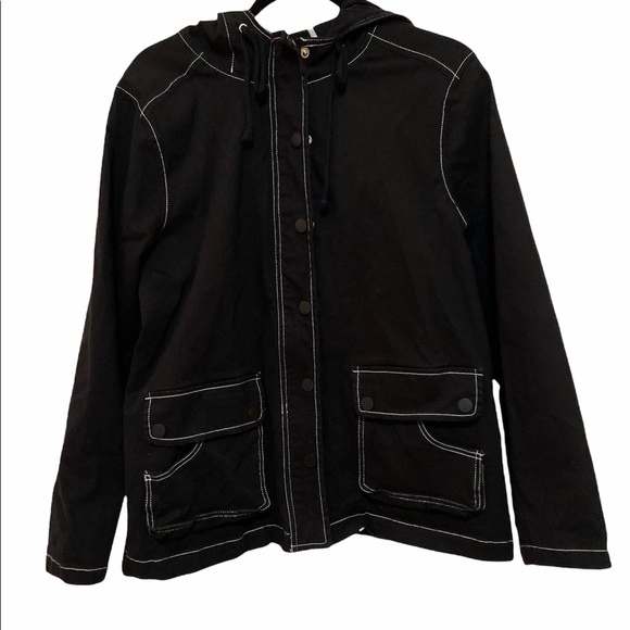 ModCloth Uncharted Territory Hooded Anorak Jacket in black with white stitching. - Picture 5 of 11